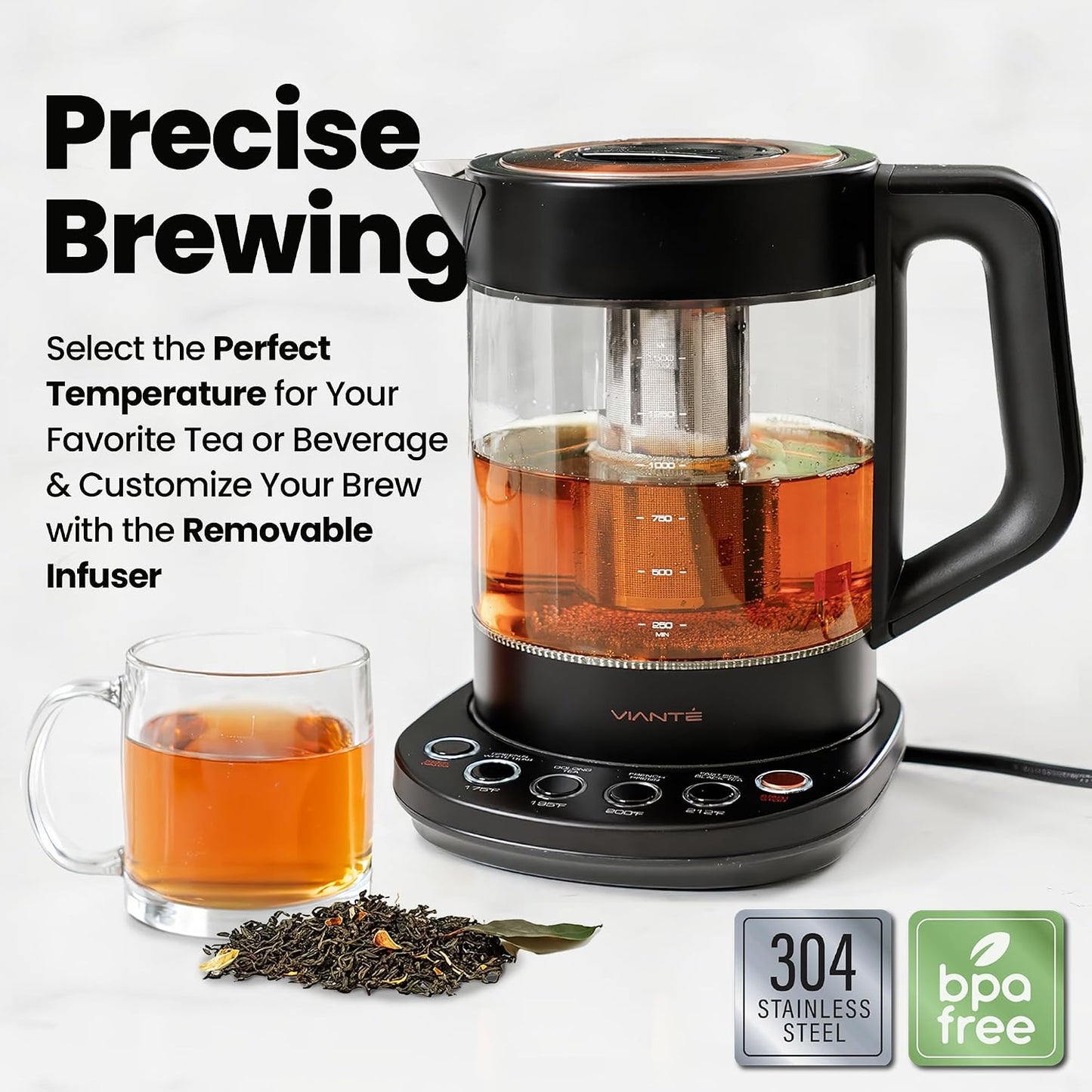 Viante Alba Electric Tea Kettle With Infuser, No Plastic, 1.5L | Borosilicate glass & 304 stainless steel construction. 4 temp presets, keep-warm, cordless, auto shut-off