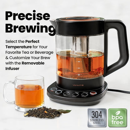Viante Alba Electric Tea Kettle With Infuser, No Plastic, 1.5L | Borosilicate glass & 304 stainless steel construction. 4 temp presets, keep-warm, cordless, auto shut-off