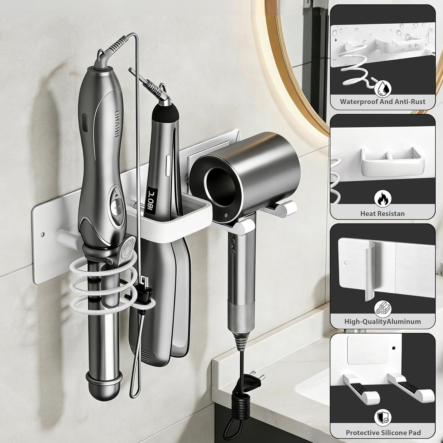 Hair Dryer Holder Hair Tool Organizer Metal Wall Mount (Gold) | Heat Resistant Hair Tool Organizer, Metal Wall Mount Storage, Bathroom Counter Space Saver, Blow Dryer Holder