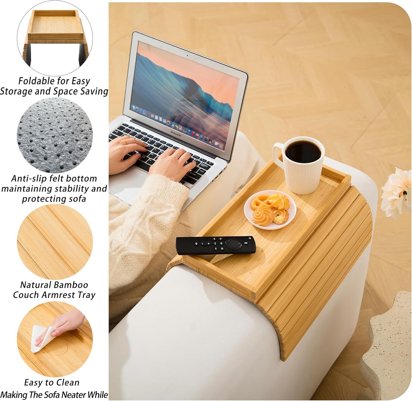 Bamboo Couch Arm Tray Table，Foldable Sofa Armrest Tray Table for Couch，Flexible and Anti-Slip Couch Arm Cup Holder，Portable Sofa Arm Chair Table for Drink,Cups, Eats，Snacks, Phone, Remote