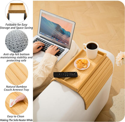 Bamboo Couch Arm Tray Table，Foldable Sofa Armrest Tray Table for Couch，Flexible and Anti-Slip Couch Arm Cup Holder，Portable Sofa Arm Chair Table for Drink,Cups, Eats，Snacks, Phone, Remote