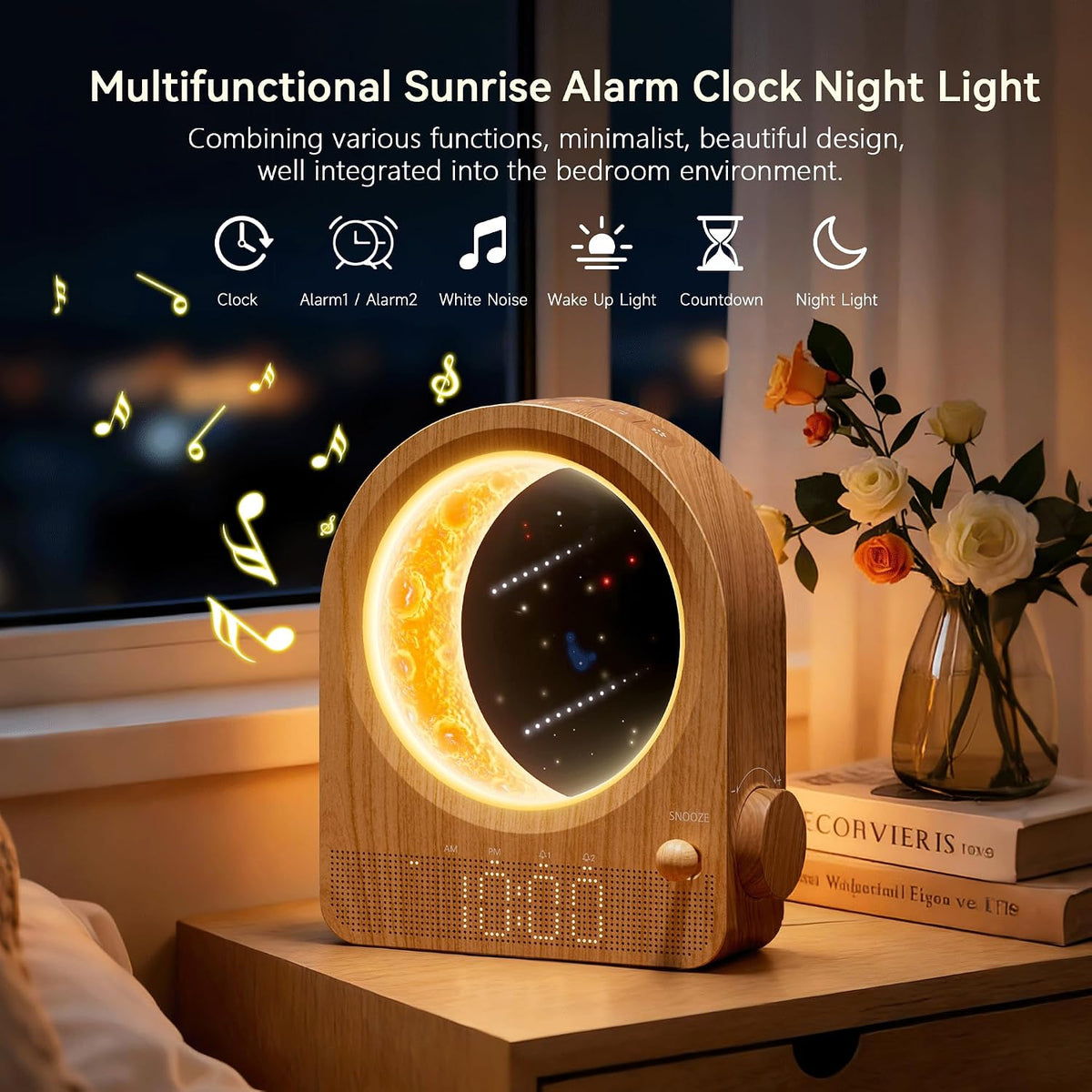 blonbar Sunrise Alarm Clocks for Bedrooms, Stepless Dimmable Moon Lamp Dual Alarm Clock with 12Levels Volume for Heavy Sleepers, 10 Natural Sounds with 30/60/90mins Timer, Gifts for Women