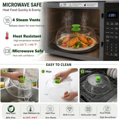 Glass Microwave Splatter Cover for Food 10 inch, 4 Vents, Heat Resistant | Borosilicate Glass Splatter Guard with Silicone Handle Knob and Mat,BPA Free,Dishwasher Safe,Dish Cover,4 in 1,Green