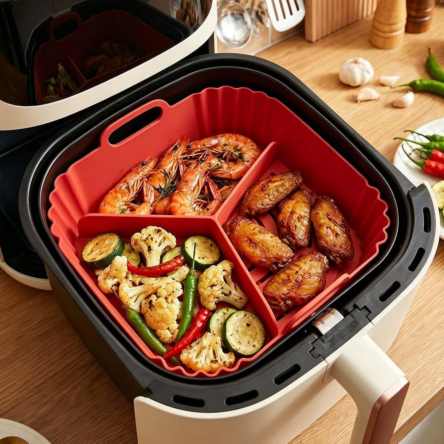 2 Pack Square Silicone Air Fryer Liners, With Round Divider Split for 3 Flavors, Reusable Silicone Basket, Air Fryer Accessories, 1 Pack Red + 1 Pack Black