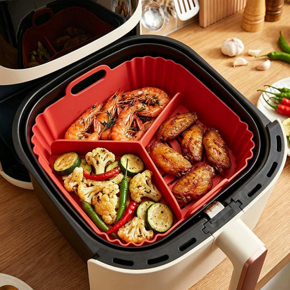 2 Pack Square Silicone Air Fryer Liners, With Round Divider Split for 3 Flavors, Reusable Silicone Basket, Air Fryer Accessories, 1 Pack Red + 1 Pack Black