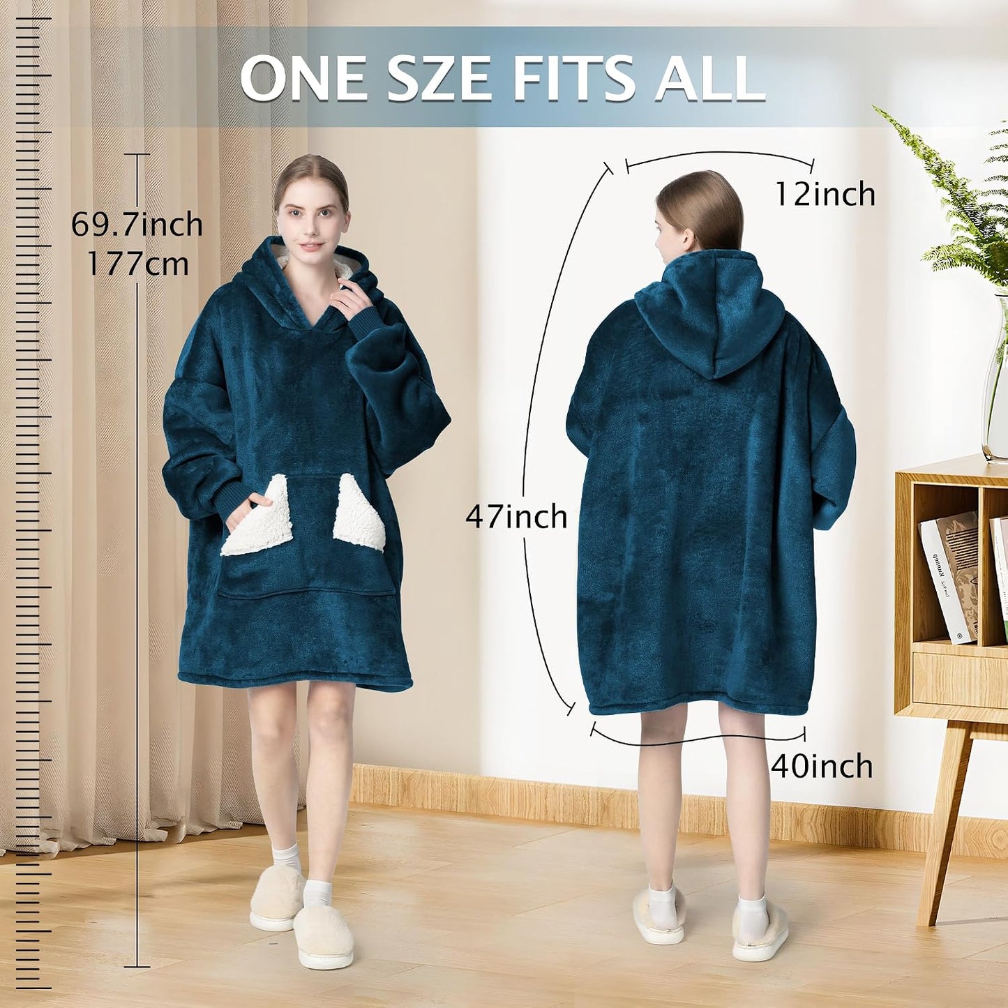 Wearable Blanket Hoodie, Oversized Sherpa Fleece Sweatshirt Blanket with Giant Hood Pocket and Sleeves for Adult, Warm & Cozy Grey Blanket Gifts for Women