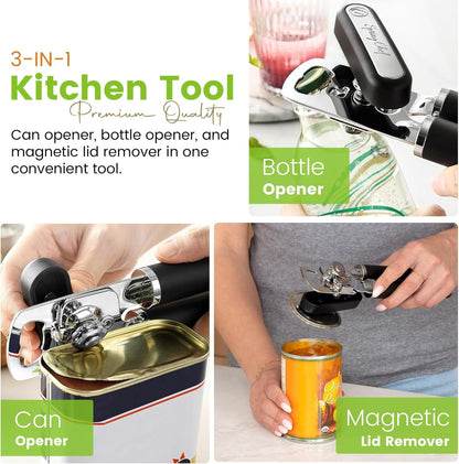 Spring Chef Stainless Steel Manual Can Opener with Soft Grip Handles, Black | Heavy Duty Hand Can Opener for Seniors with Smooth Edge, Easy Turn, 3in1 Can Opener with Magnetic Lid Remover & Bottle Opener