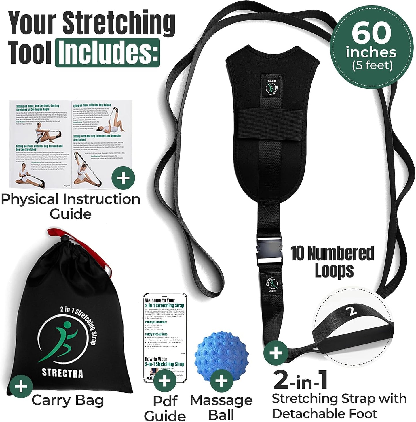 Stretch Strap with Loops Physical Therapy - Full Body Exercise Straps for Stretching with Detachable Foot - Leg & Calf Stretcher for Plantar Fasciitis, Physical Therapy, Pain Relief, and Flexibility