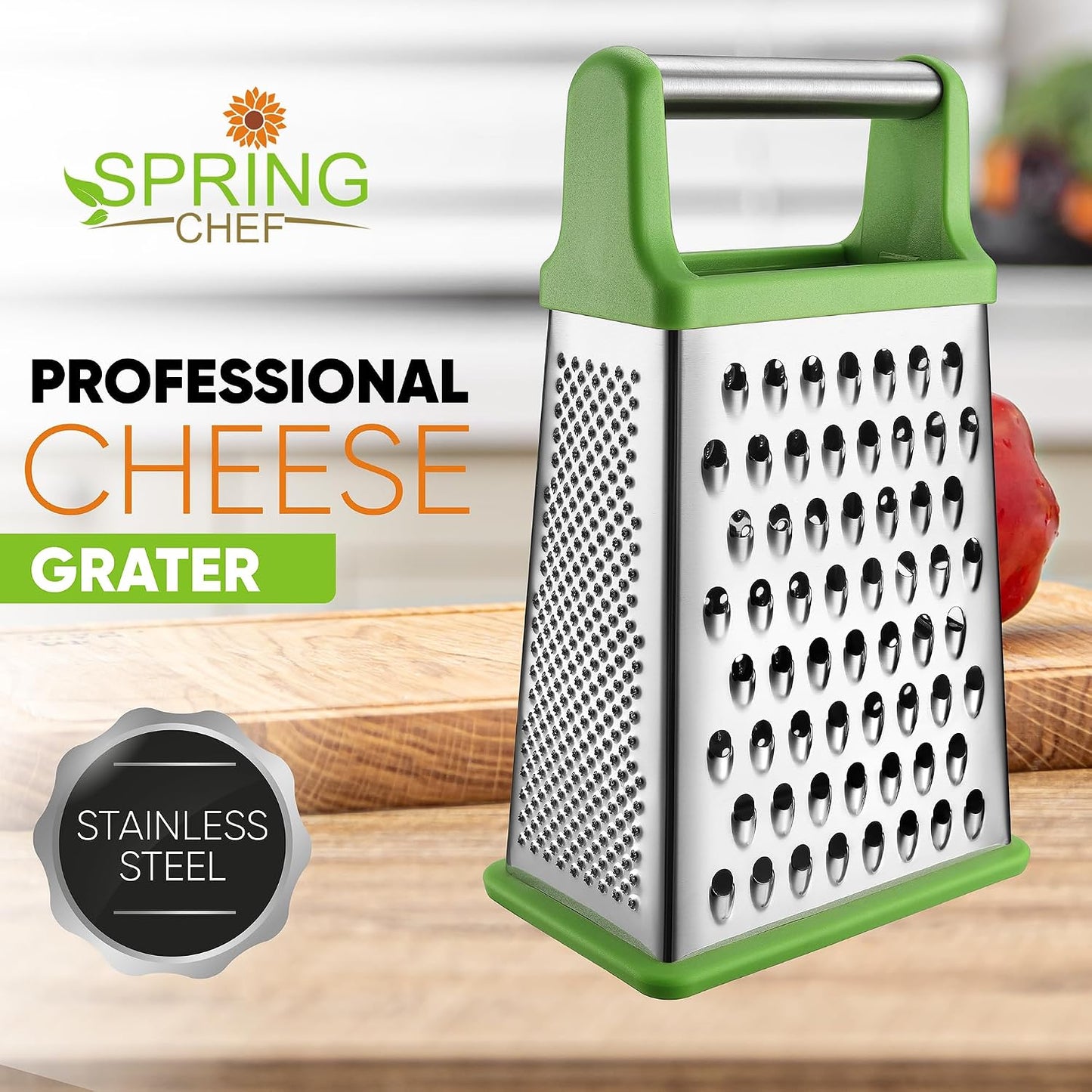 Spring Chef Stainless Steel XL Cheese Grater for Kitchen, Green | 4 Sided Manual Metal Box Grater for Carrot, Potato, Cabbage, Cheese Shredder, Professional Vegetable Grater, Dishwasher Safe