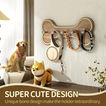 MTERSN Dog Leash Holder Wall Mount with 3D Paws Hooks, Distressed White | Bone-Shaped Dog Leash Holder for Wall, Leash Holder, 5 Dog Leash Hook, Pet Accessories Storage, Gift for Dog Lovers