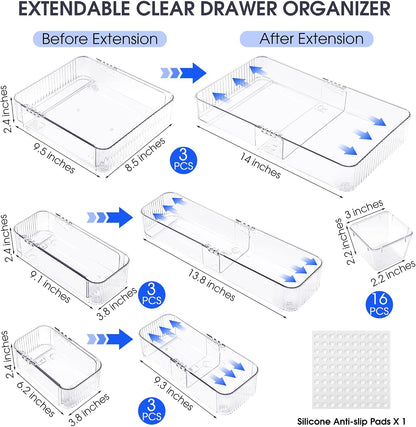 Aneco 14 Pieces Extendable Clear Drawer Organizer Adjustable Vanity Storage Box 4-Size Desk Drawer Divider Acrylic Storage Bins for Makeup, Cosmetic, Jewelries, Bedroom Kitchen Utensils Gadgets