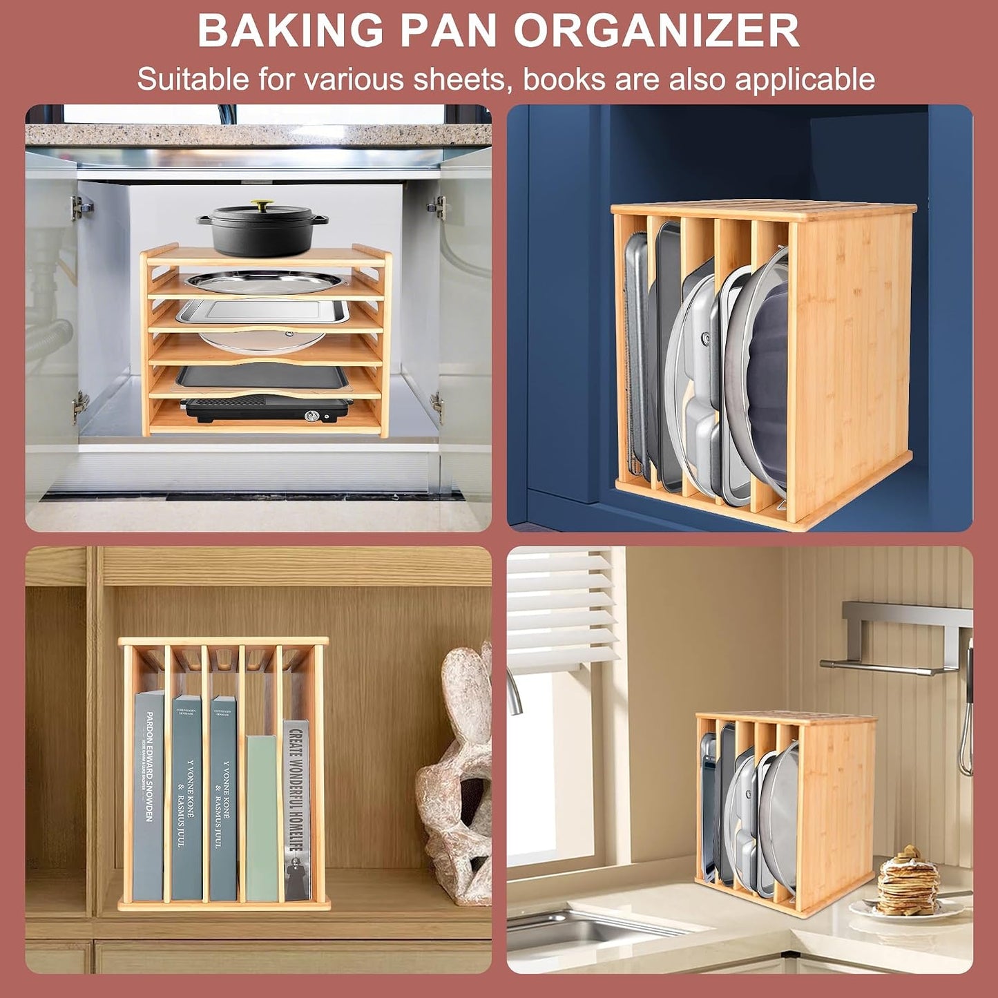 Cookie Sheet Organizer for Cabinet, 6 Tier Sheet Pan Organizer | Baking Sheet Organizers Inside Cabinet, Bamboo Kitchen Organizer for Bakeware and Cutting Board