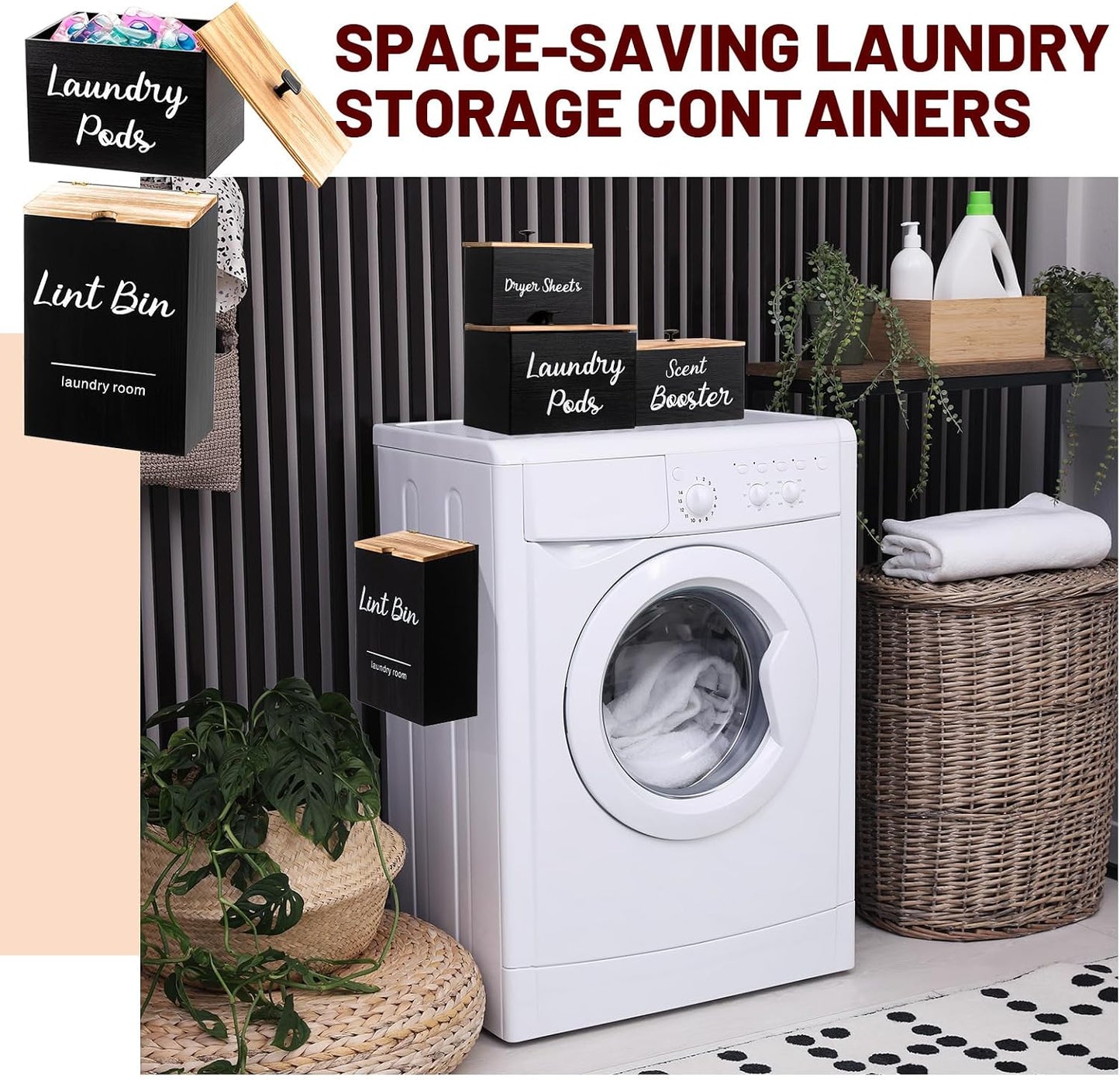 4 Pcs Magnetic Laundry Pod Holder Laundry Room Container Set, Lint Bin with Scoop and Brush Dryer Sheet Holder, Scent Booster Container Rustic Gift Wood Farmhouse Room Decorcontainer(Black)