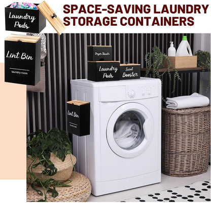 4 Pcs Magnetic Laundry Pod Holder Laundry Room Container Set, Lint Bin with Scoop and Brush Dryer Sheet Holder, Scent Booster Container Rustic Gift Wood Farmhouse Room Decorcontainer(Black)
