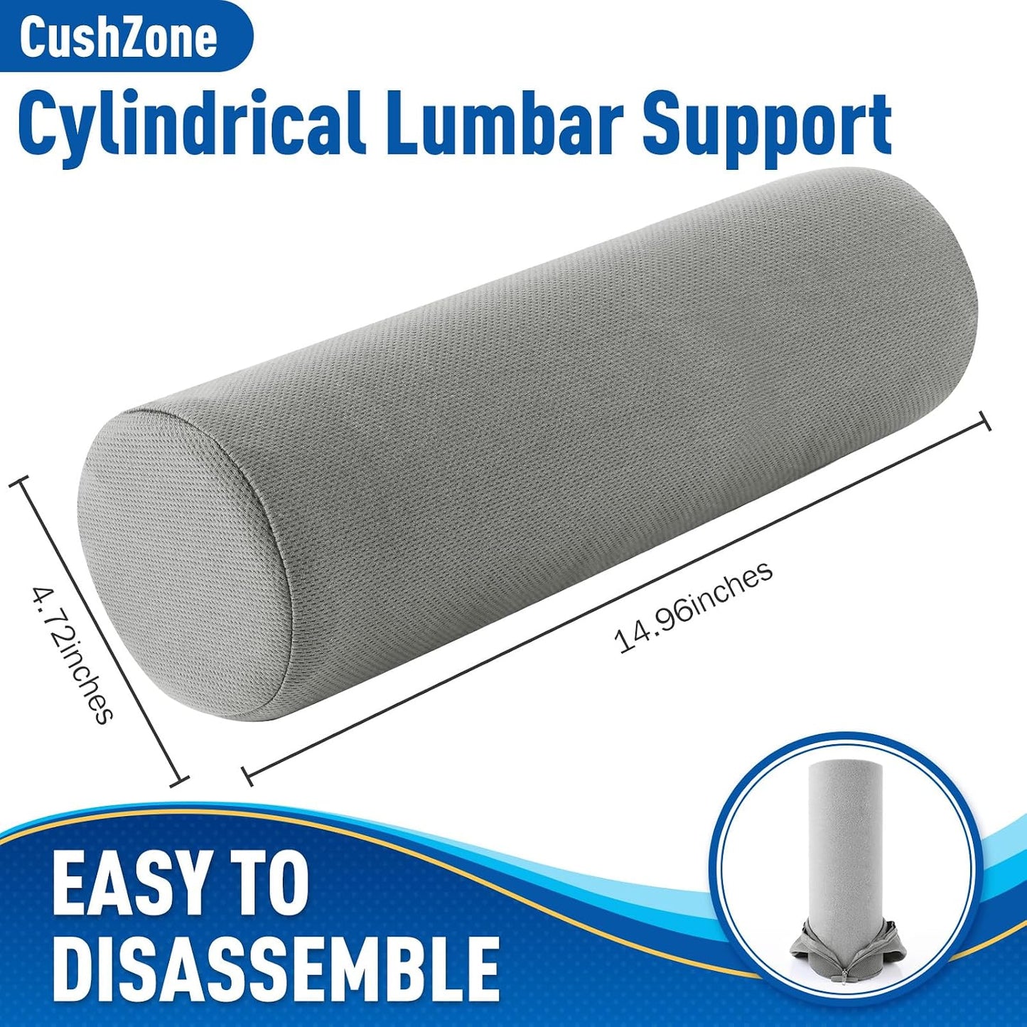 CushZone Lumbar Roll Support Pillow, Memory Foam Back Cushion, Black | Helps Relieve Back Pain & Supports Posture,Adjustable Strap Fits Office,Car & Gaming Chairs,Washable Cover