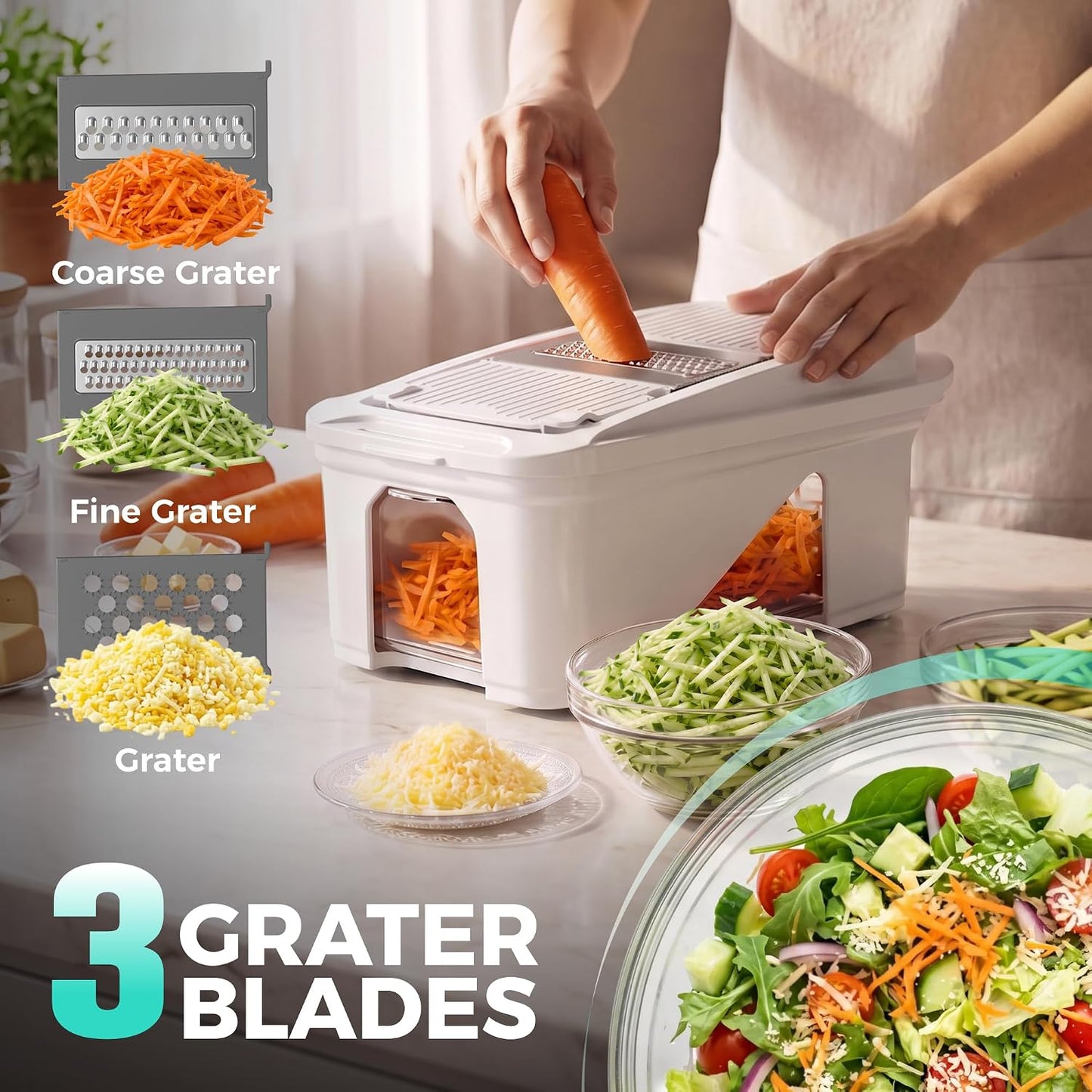 HAUSHOF 9-in-1 Vegetable Chopper & Mandoline Slicer, 7 Blades, Drain Basket | Food and Veggie Chopper and Dicer, Grater, Kitchen Prep Tool with Container, Safety Holder, Interchangeable Blades