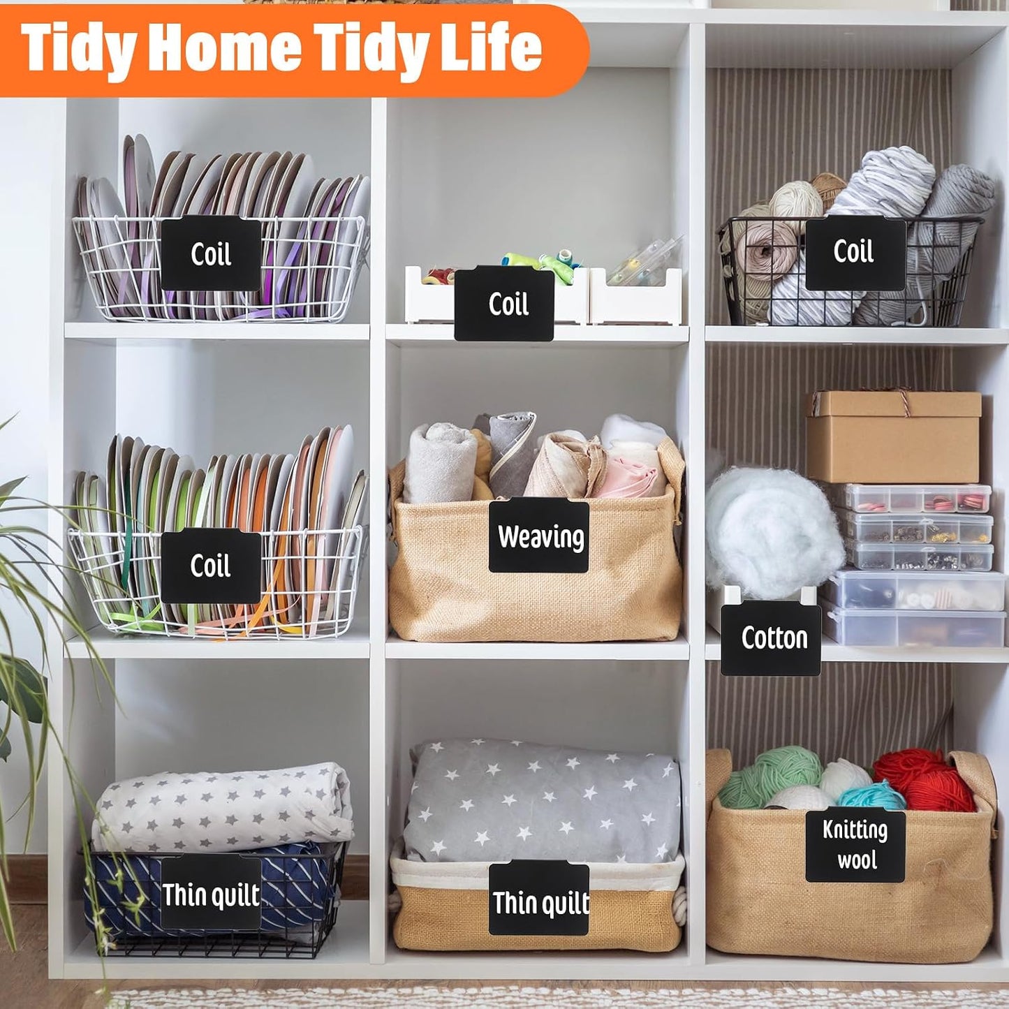 52PCS Basket Labels Clip On Set, 50 Removable PVC Bin Label Holders with 2 Chalk Markers for Pantry Storage Bins Organization (Black)