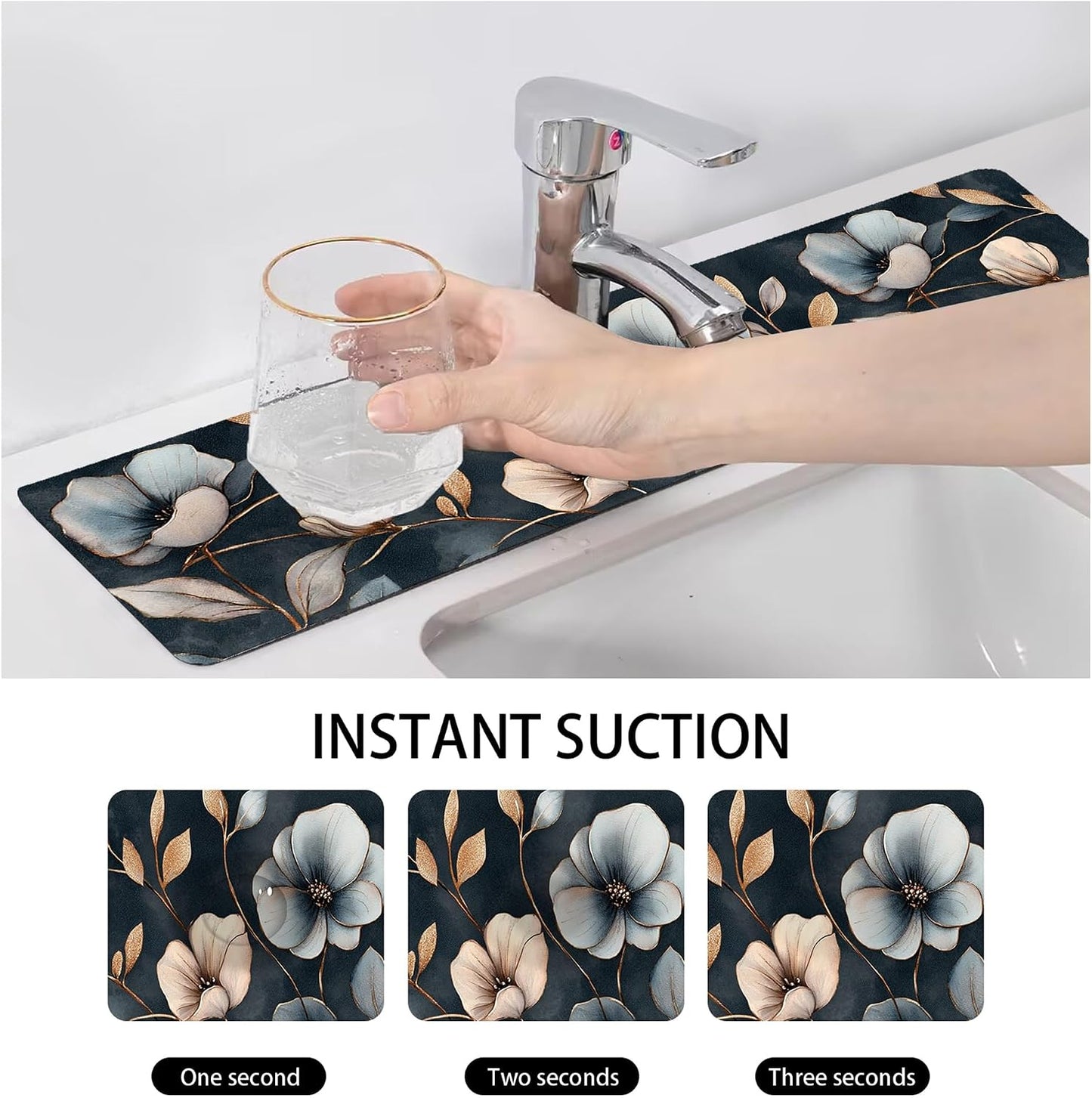 Bimkole 2 PCS Faucet Absorbent Mat, Kitchen Faucet Sink Splash Guard Wraparound Cloth Pads Drip Catcher for Sink Faucet for Kitchen Bathroom Faucet, Colorful Faucet Mat, 15 x 4 Inch Flower A6