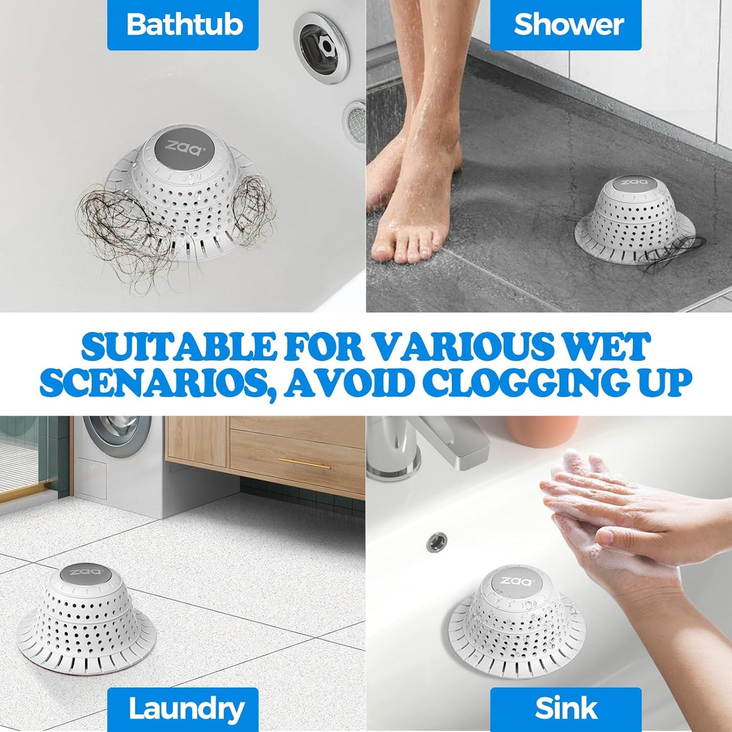 Bathtub Drain Strainer Silicone Bathroom Stopper Fixture Accessories | 2-Pack Gray Collapsible Shower Drain Hair Catcher for Pop Up Tubs, Traps Hair Before Clogs, Easy Clean for Bathroom Sinks