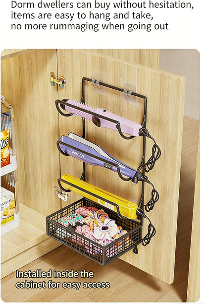 4-Tier Metal Hair Tool Organizer, No Drill Wall-Mounted Storage Rack - Heat Resistant Holder for Curling Iron, Hair Dryer, Straightener, Styling Tools (White/Black)
