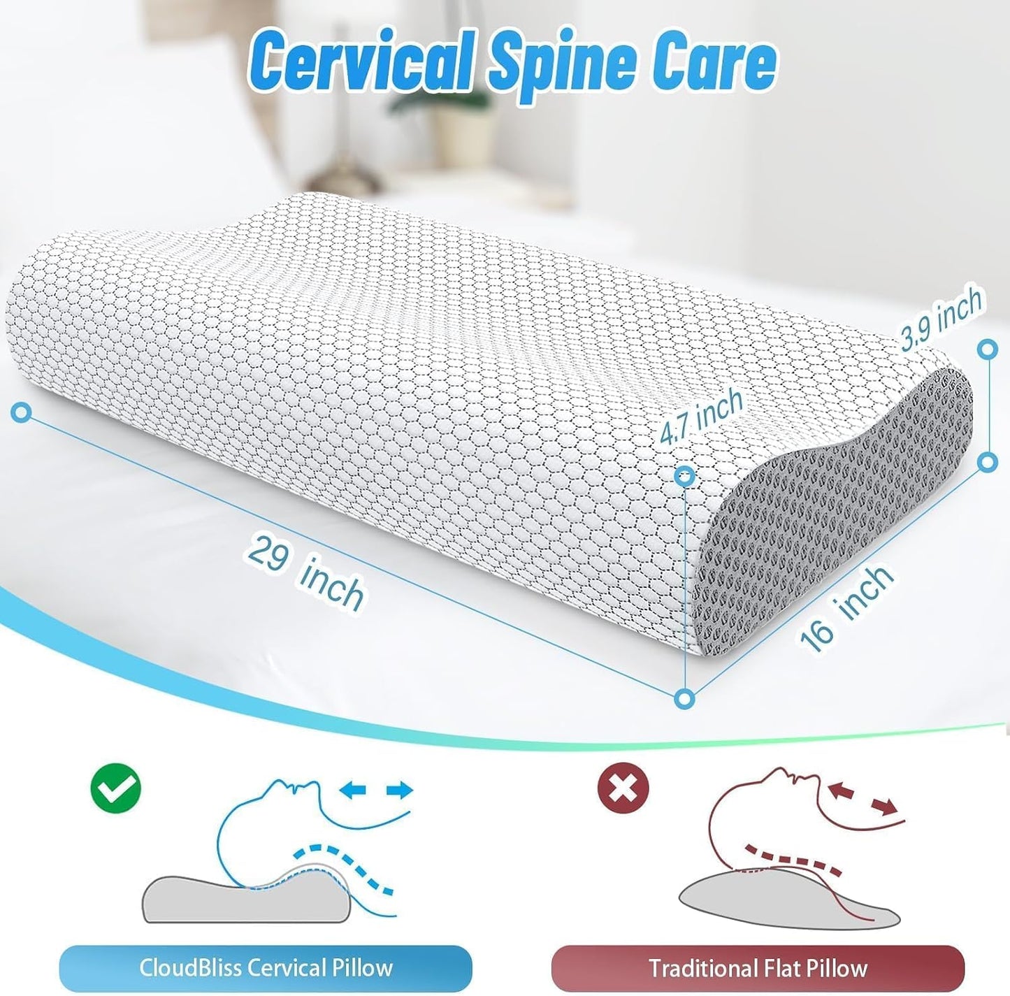 Neck Pillow for Sleeping, Ergonomic Cervical Bed Pillow, Blue Standard Size | Memory Foam Bed Pillow for Side Back Stomach Sleepers, Contour Fit Neck Pillow for Sleeping and Neck Pain Relief