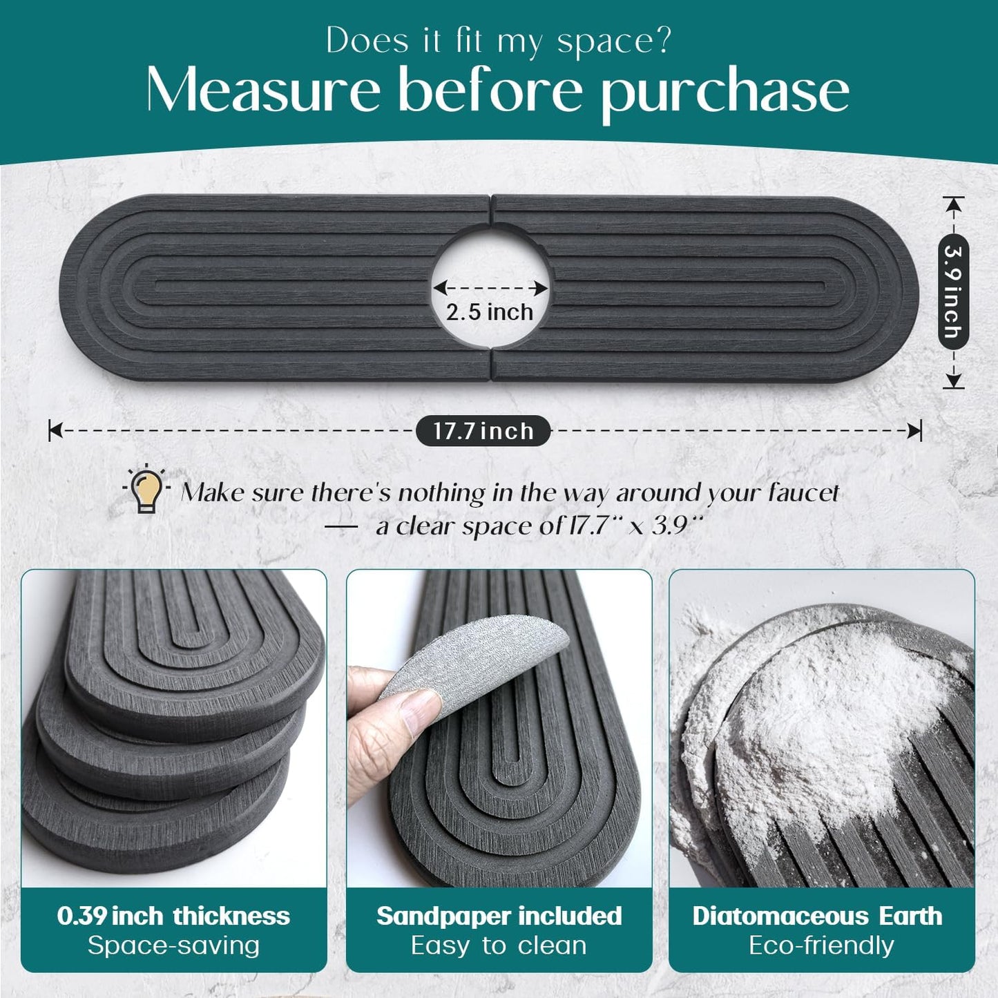 Diatomite Sink Splash Guard - DryingNeat Kitchen Faucet Mat, Instant Dry Water Absorbing Stone Tray for Sink, Durable Protector for Kitchen Bathroom Counter [Light Grey, 17.7" x 3.9"]