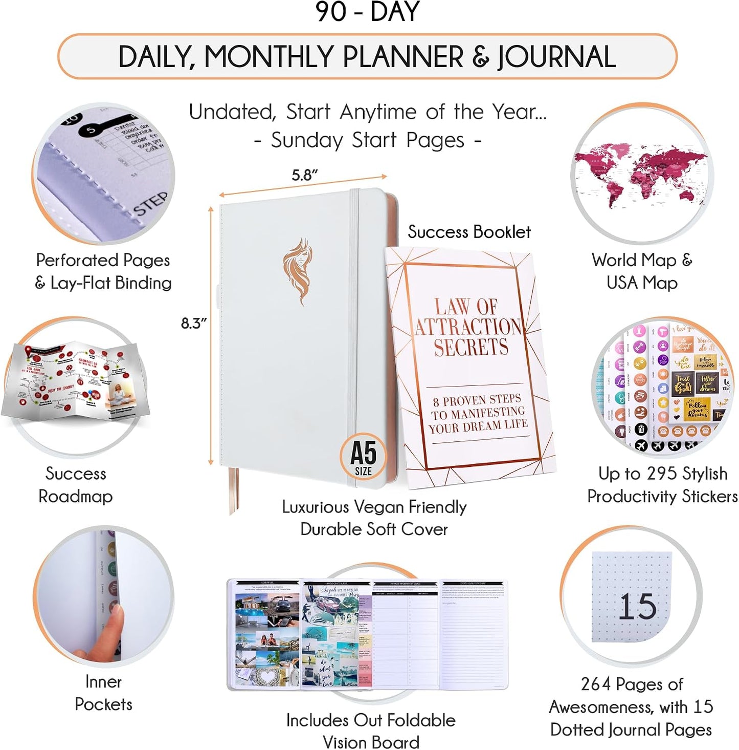 Freedom Mastery Daily Journal of Gratitude, Productivity & Habit Tracker | Undated 90-Day Planner with Daily Reflection, Mindfulness, Positivity, Vision Board & Stickers, Gratitude Journal for Women