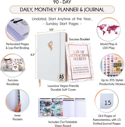 Freedom Mastery Daily Journal of Gratitude, Productivity & Habit Tracker | Undated 90-Day Planner with Daily Reflection, Mindfulness, Positivity, Vision Board & Stickers, Gratitude Journal for Women