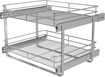 2-Tier Cabinet Pull Out Shelves, 14" W x 22" D, Chrome | Heavy-Gauge Wire Kitchen Cabinet Organizer, 100 lbs Capacity, Ball-Bearing Glides, Min 15" Opening, For Tupperware & Bowls
