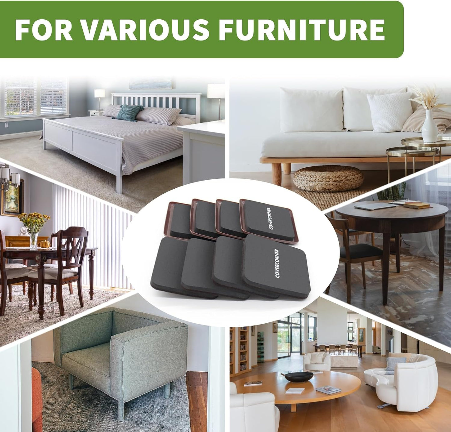 Furniture Sliders for Carpet and Hardwood, 8 PCS 3 1/2", Brown | Furniture Sliders for Hardwood Floors, Sliders for Moving Furniture, Furniture Movers Sliders, Combo Pack, Square