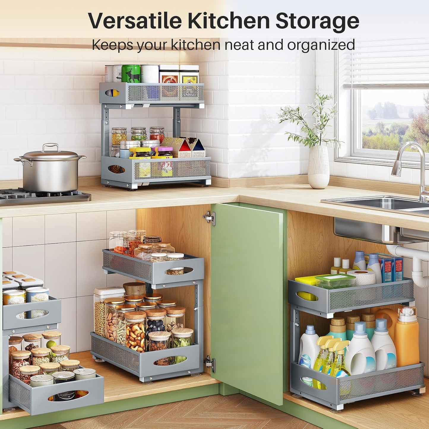 Under Sink Organizer, 2 Tier Pull out Cabinet Organizer Baskets with Mesh Sliding Drawers, Slide out Storage Shelf for Home, Kitchen, Bathroom, Pantry, Office Cabinet, Countertop(1 Pack)