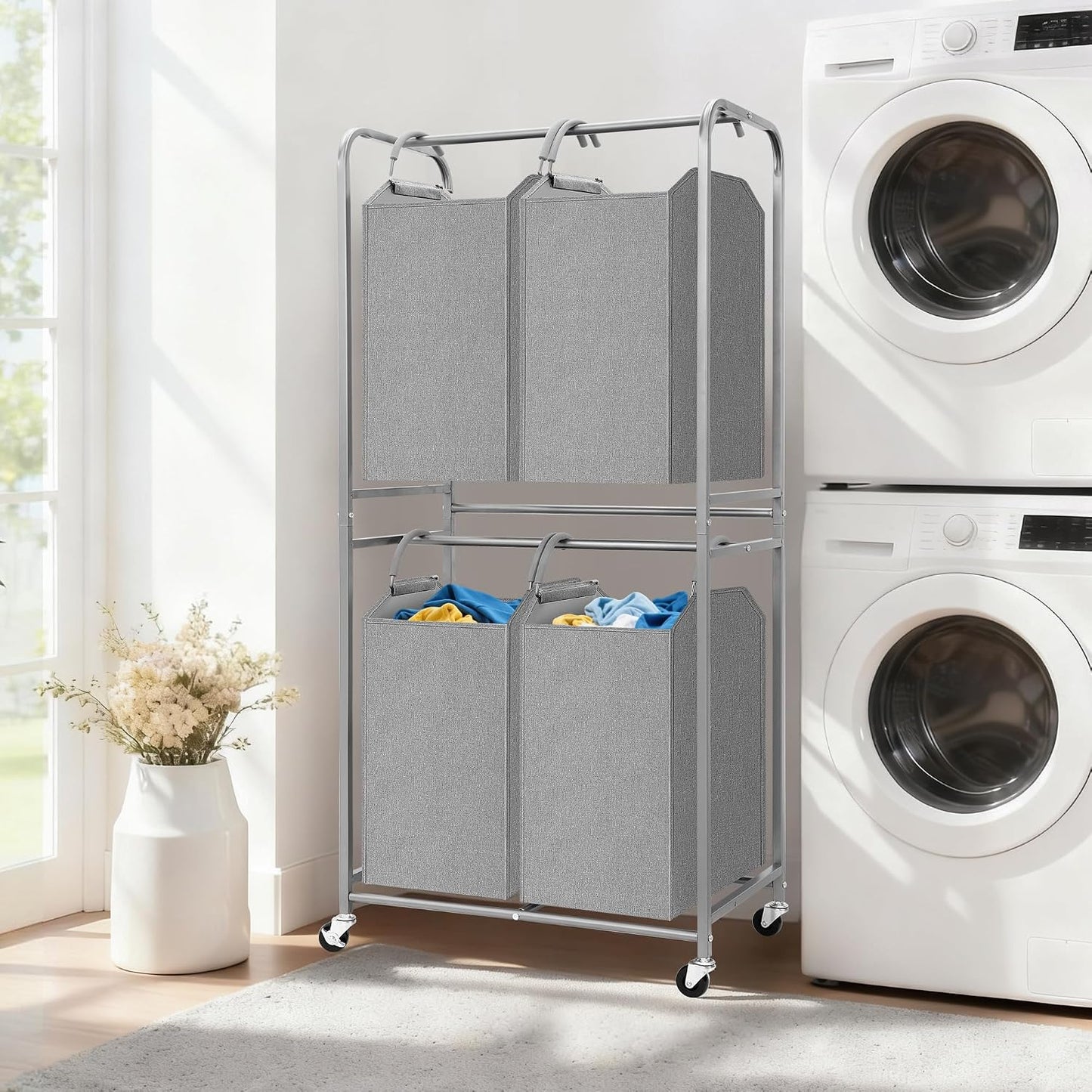 STORAGE MANIAC 2 Tier Vertical Laundry Hamper, 2 Section Laundry Sorter with 2 Removable Tote Bags, Rolling Clothes Basket for Towels, Blankets, Tall Dirty Clothes Hamper for Closet, 2 Bags Gray