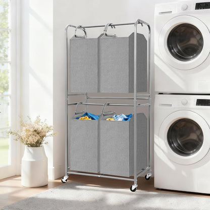 STORAGE MANIAC 2 Tier Vertical Laundry Hamper, 2 Section Laundry Sorter with 2 Removable Tote Bags, Rolling Clothes Basket for Towels, Blankets, Tall Dirty Clothes Hamper for Closet, 2 Bags Gray