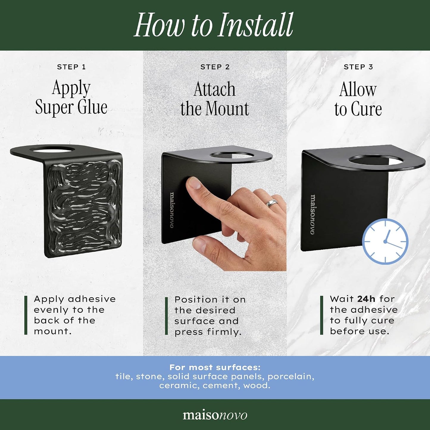 MaisoNovo Shampoo and Conditioner Dispenser|Refillable Black Set of 3 | 500 ml Shower Gel Dispenser Set of 3. Refillable Shampoo and Conditioner Bottles. Drill Free Secure Design. Black