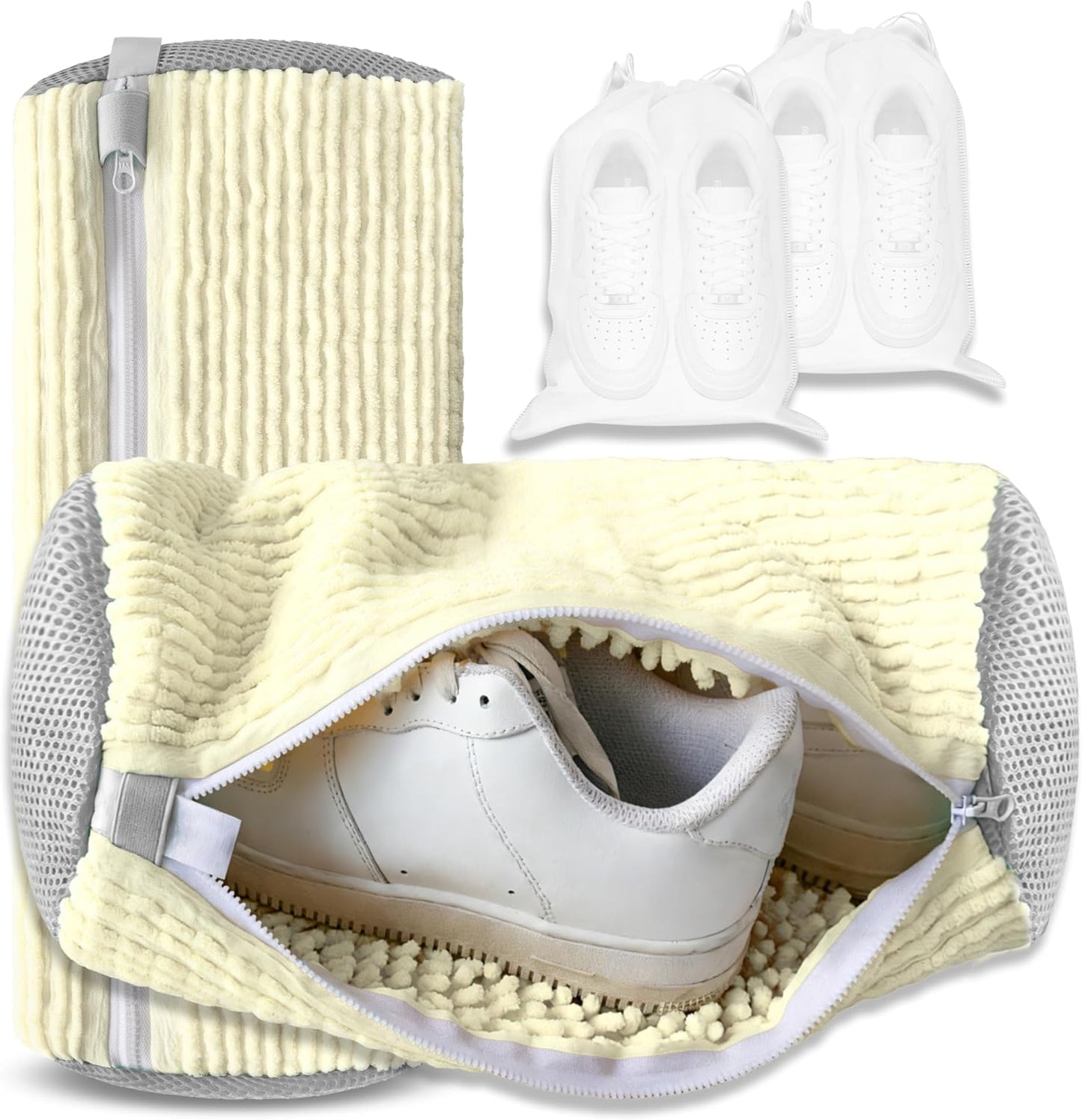 Reusable Shoe Washing Bag, 2-Pack Chenille Laundry Bag for Washer & Dryer. | Soft chenille fibers help deep clean sneakers while the hidden zipper keeps shoes secure and helps protect your washer.