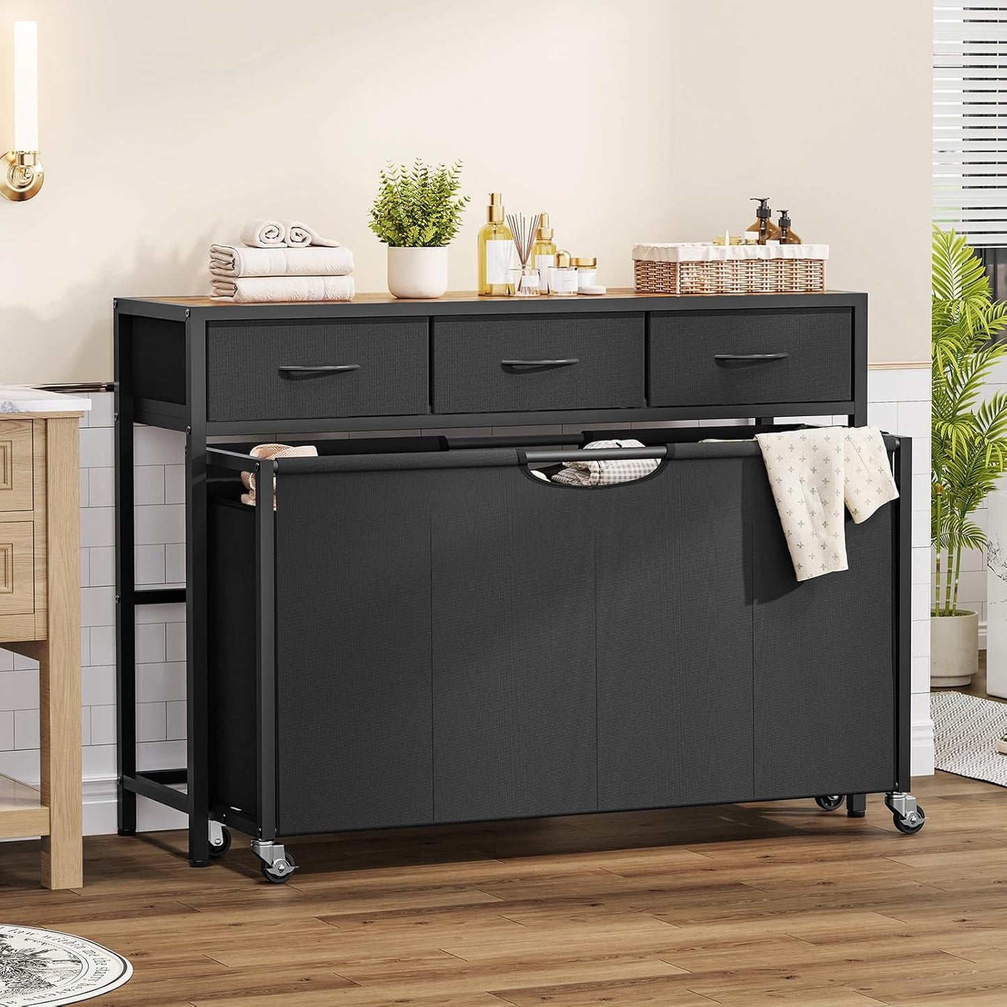 Laundry Sorter, Rolling Laundry Hamper with 3 Section Pull-Out Bags, Laundry Basket Organizer with 2 Drawers & 2-Tone Top Panel, Laundry Hamper with Wheels for Laundry Room Organization, Bathroom