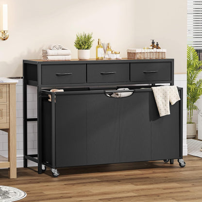 Laundry Sorter, Rolling Laundry Hamper with 3 Section Pull-Out Bags, Laundry Basket Organizer with 2 Drawers & 2-Tone Top Panel, Laundry Hamper with Wheels for Laundry Room Organization, Bathroom