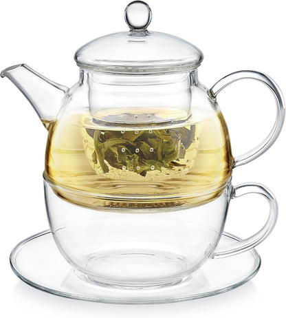 Teabloom Mindful Tea-for-One Set – 5-Piece Glass Teapot, Matching Cup & Saucer, Borosilicate & Stainless Steel Infusers, Elegant Gift for Personal Tea Rituals