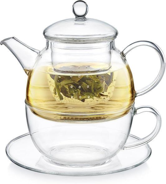 Teabloom Mindful Tea-for-One Set – 5-Piece Glass Teapot, Matching Cup & Saucer, Borosilicate & Stainless Steel Infusers, Elegant Gift for Personal Tea Rituals