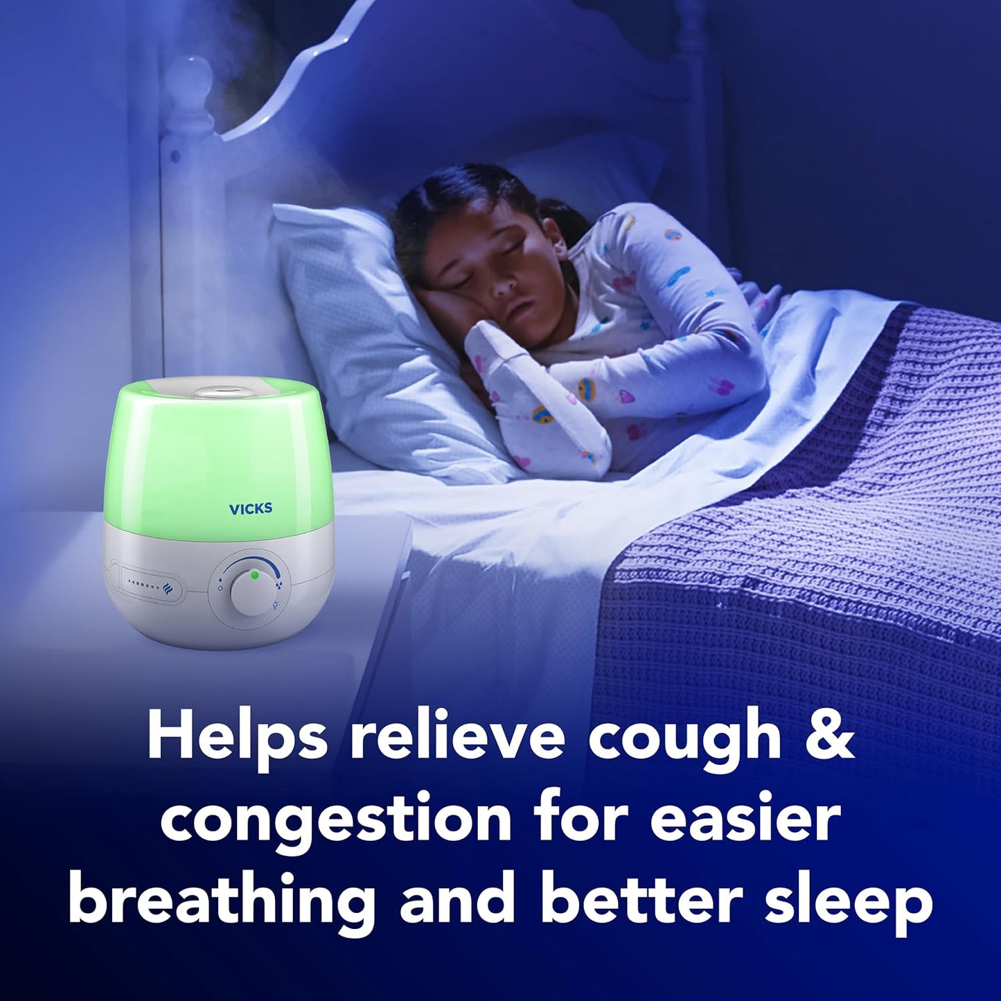 Vicks NaturalCare Cool Mist Ultrasonic Humidifier, White | Small Room Humidifier for Bedroom, Diffuser with Nighttime Light, Works with Vicks VapoPads