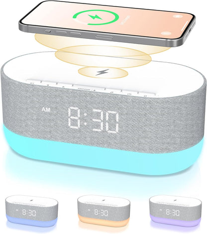 HOUSBAY 3 in 1 Sound Machine Alarm Clock& Wireless Charger: Soothing White Noise, Bluetooth Music Relaxation & Customized Sleep-Wake Routine | Bluetooth Music Relaxation, White Noise for Sleeping, Dimmable Clock for Bedroom, Customized Sleep-Wake Routine
