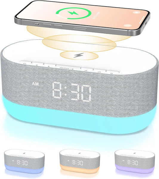 HOUSBAY 3 in 1 Sound Machine Alarm Clock& Wireless Charger: Soothing White Noise, Bluetooth Music Relaxation & Customized Sleep-Wake Routine | Bluetooth Music Relaxation, White Noise for Sleeping, Dimmable Clock for Bedroom, Customized Sleep-Wake Routine