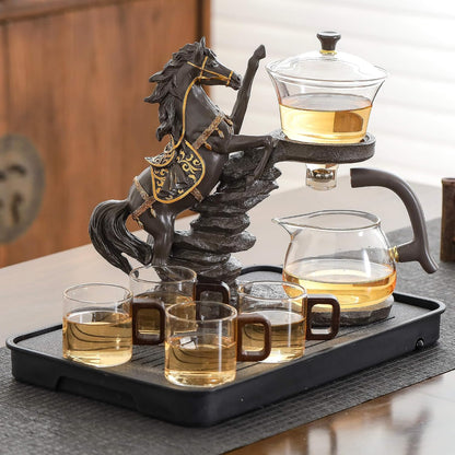 Glass Kungfu Teapot Set Tea maker with Infuser Semi Automatic Tea Set with 6 Small Cups (Red)