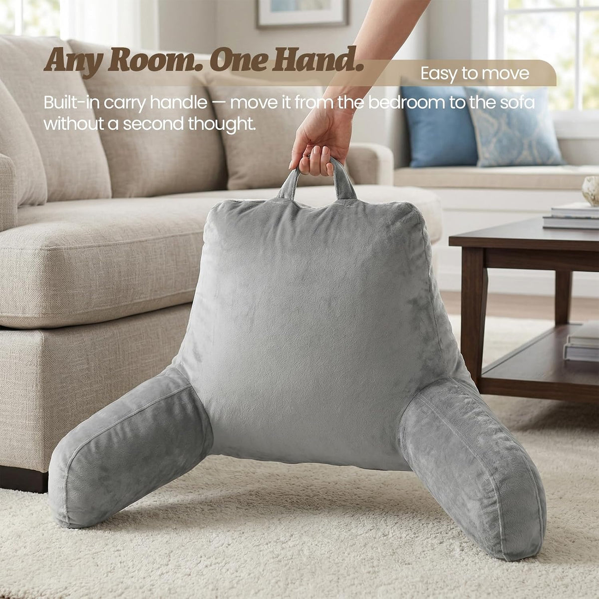 ACH Reading Pillow with Arms for Adults - Adjustable Memory Foam Bed Rest Pillow, Lumbar & Neck Back Support, Soft Velvet Cover Machine Washable, Deep Side Pocket & Carry Handle, Grey