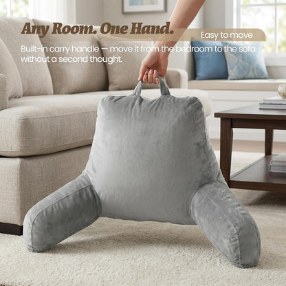 ACH Reading Pillow with Arms for Adults - Adjustable Memory Foam Bed Rest Pillow, Lumbar & Neck Back Support, Soft Velvet Cover Machine Washable, Deep Side Pocket & Carry Handle, Grey