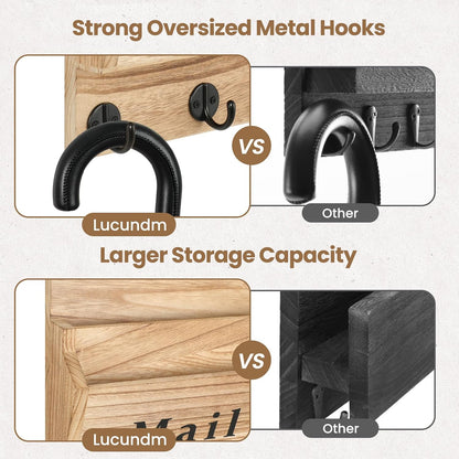 Mail and Key Holder, Wall Key Holder with 2 Mail Organizer Slot and 3 Hooks | Decorative 8.86" x 11.42" Mail Holder, Real Paulownia Wood with Keyhole Brackets, Hardware and Instructions