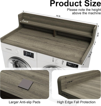 Washer Dryer Countertop, 54" x 27.55" 2-Tier Washer Dryer Topper with Edge, for Laundry Room Organization Oak
