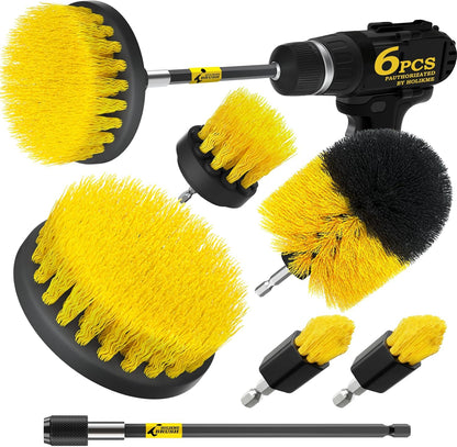 Holikme 6Pc Drill Brush Set - Soft Bristles with Extension for Home Clean | 5 Head Sizes, Yellow Nylon Fibers, Power Scrubber Attachments for Tile, Tub, Shower, Floors, Kitchen and Auto Interior Care