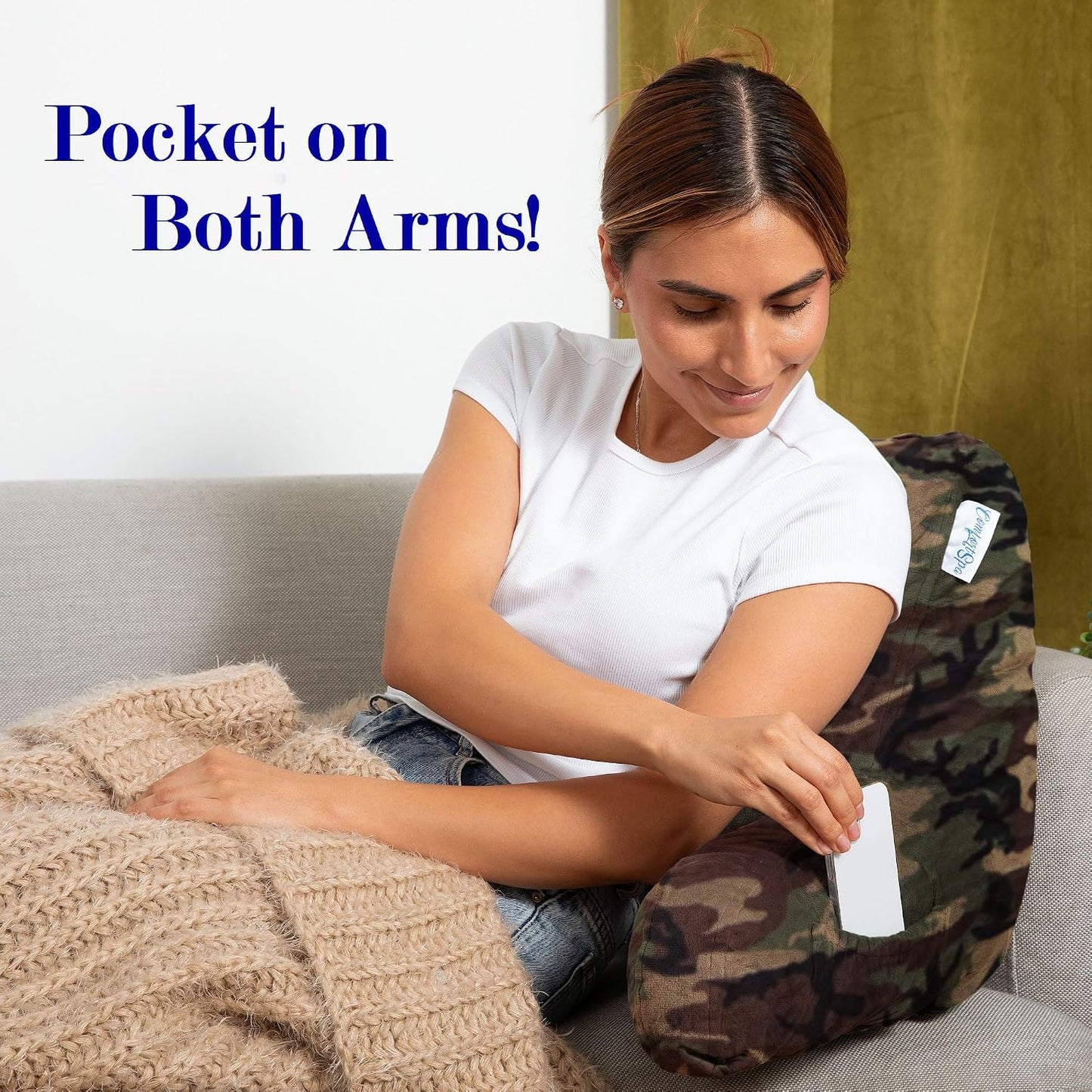 Reading Pillow for Bed with Arms Pockets for Adults, Large Grey | Bed Pillow for Sitting Up for Nursing, Breast Feeding, Bedrest or Relief from GERD or Heartburn; Removable, Washable Cover