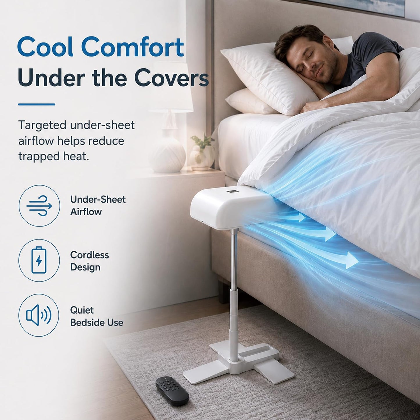 Under Sheets Cooling Fan, Rechargeable Cordless Bed Cooler for Under Blanket Use, 5-Speed Airflow with Remote Control, Adjustable Height Sleep System for Hot Sleepers (1p)